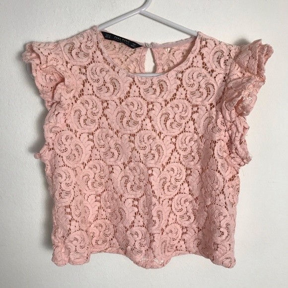 ZARA Guipure Lace Top Pink- Ruffle Sleeveless- Size Small- Great Condition!!! - Picture 3 of 5